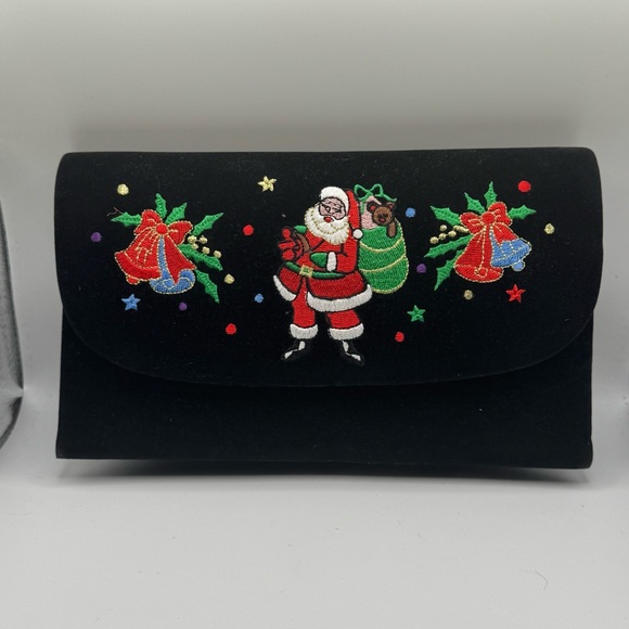 Vintage Warren Reed Velvet Holiday Black Clutch with Santa Embroidery - Picture 1 of 7